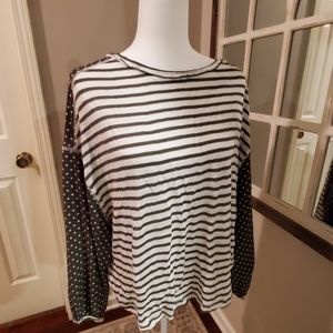 Boutique top green white stripe dot
